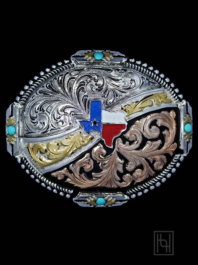 Texas Two Step Belt Buckle with Turquoise - Hyo Silver