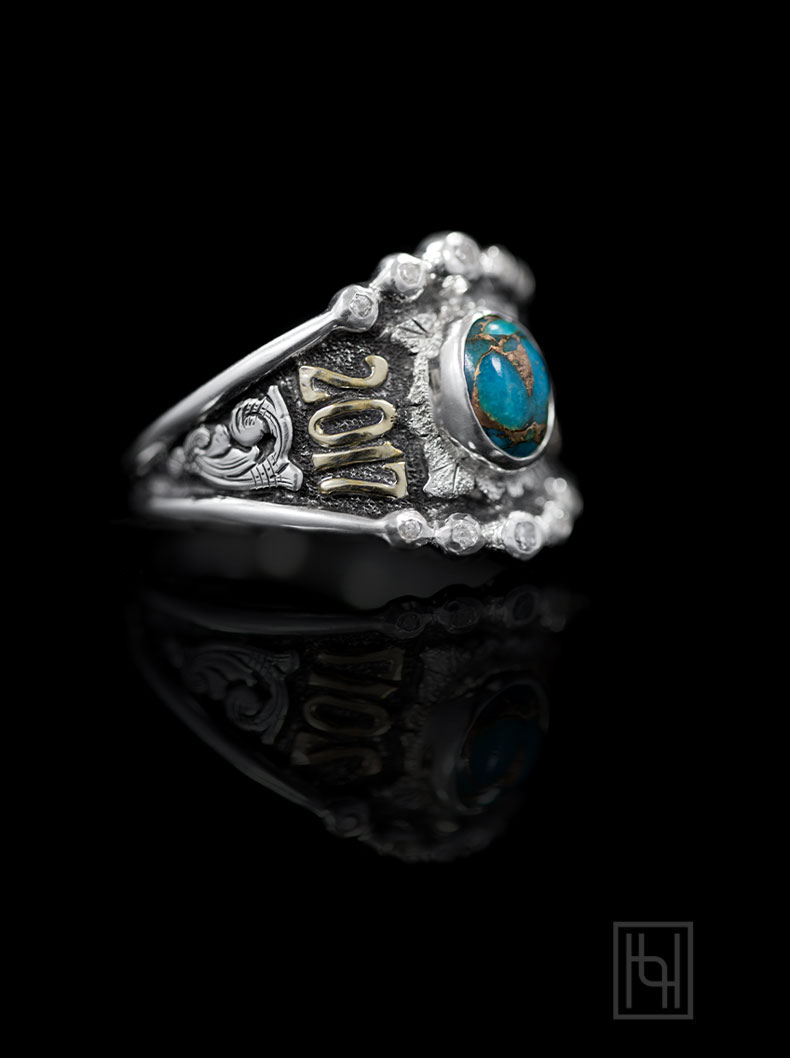 Personalized RimRock & Crystal Ring (BSR027ARR) SVR Scrolls & Oxidized, YG Lettering, 9x7 MM Oval Blue Turquoise w/ Copper Matrix.
