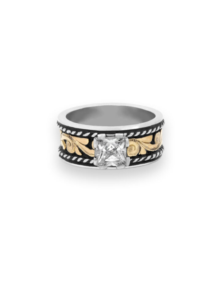 Yellow Gold Scrolls with Black Background, Crystal Clear CZ