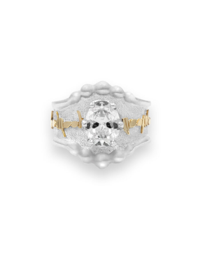 Yellow Gold Barbed Wire, Crystal Clear Oval CZ