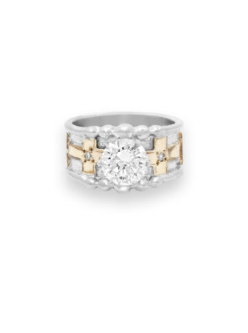 Yellow Gold Scrolls and Cross with Crystal Clear CZ