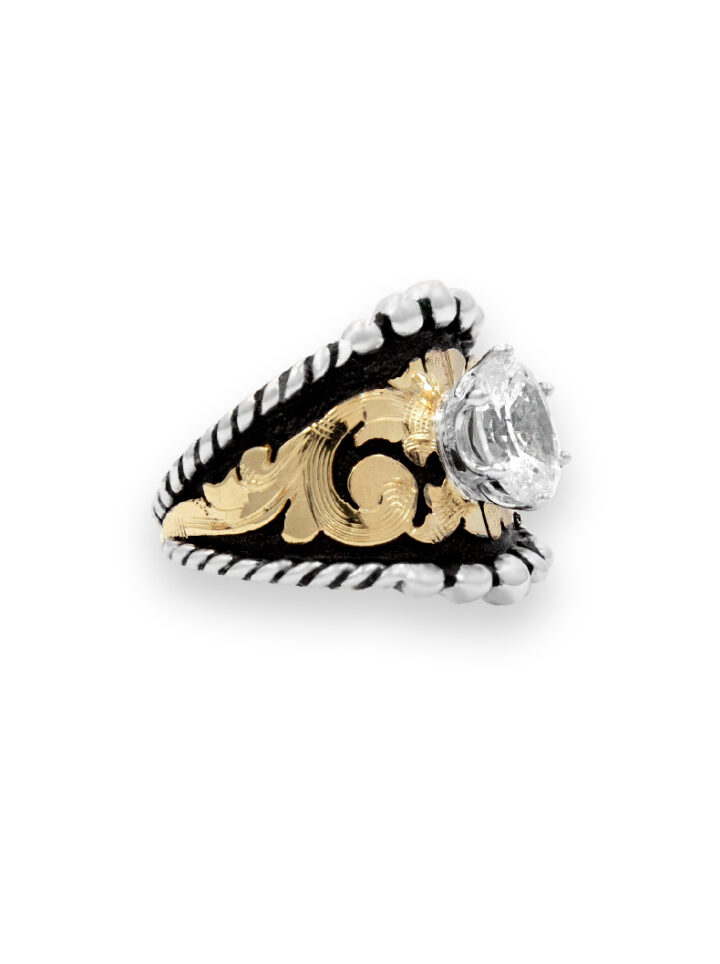 Yellow Gold Scrolls with Black Background, Oval Crystal Clear CZ