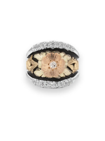 Yellow Gold Scrolls with Rose Gold Flower with Crystal Clear CZ