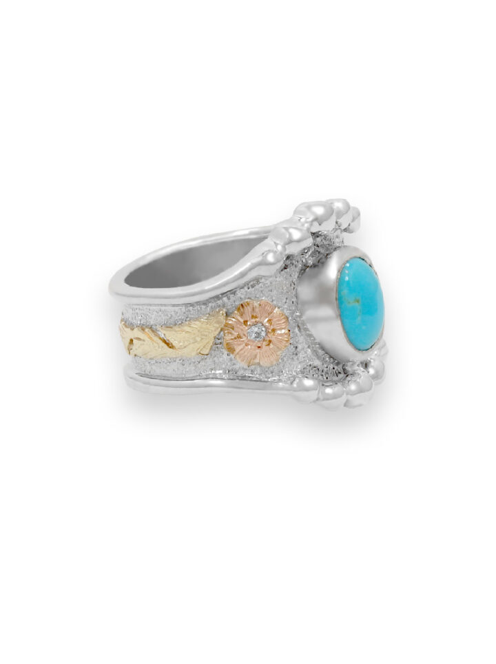 Yellow Gold Scrolls with Silver Background, Rose Gold Flower with Crystal Clear CZ, Blue Turquoise Oval Stone