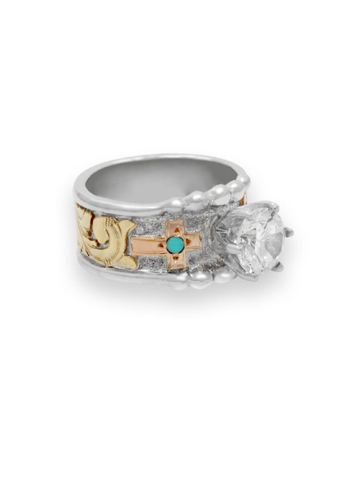 Yellow Gold Scrolls, Silver Background, Rose Gold Cross w/ Blue turquoise, Crystal Clear CZ