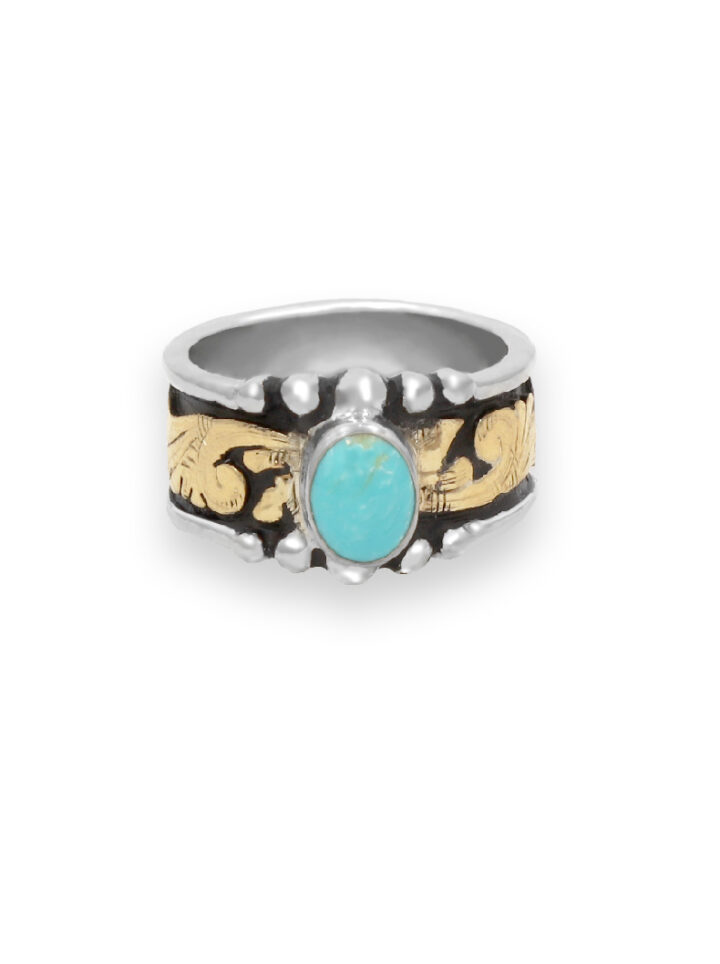 Yellow Gold Scrolls with Black Background, Blue Turquoise Oval Stone