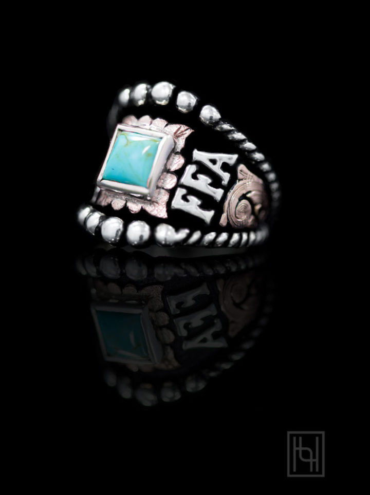 Ring w/ Rose Gold Scrolls on Black Background, Silver Lettering, Rose Gold Leaf, Blue Turquoise Square Stone, Bead & Rope Edge