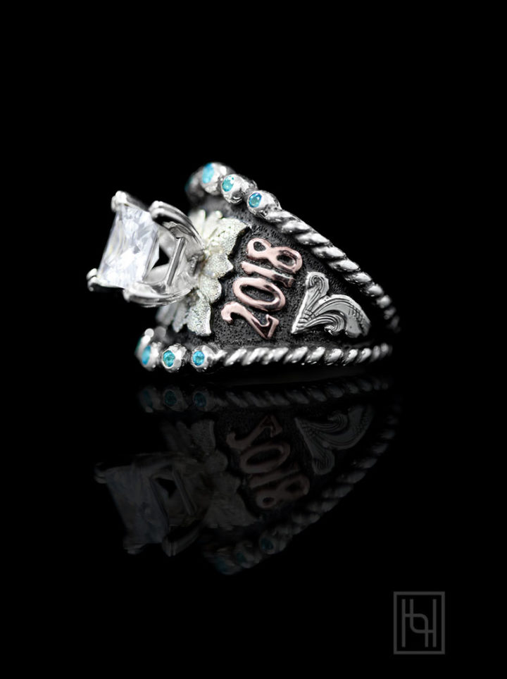 Silver Ring w/ Silver Scrolls on Black Background, Rose Gold Lettering, Silver Leaf, Blue Topaz Accents, Rope Edge