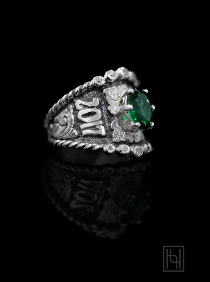 SVR Scrolls & Oxidized Backgrounds, silver lettering and leaf, 9x7 oval emerald green cz stone