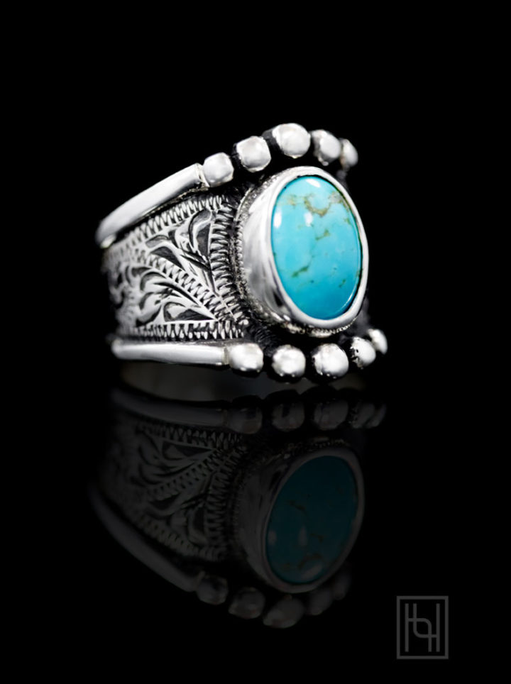Custom ring with vintage engraved scrolls, bezel set 10x14 blue turquoise stone