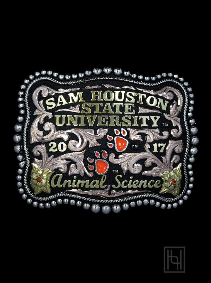 Rose Gold Scrolls on Black Background, Yellow Gold Lettering, Silver & Orange Painted Paw Prints, Yellow Gold Flowers & Leaves w/ Sunset Orange Accents, Inner Rope, Beaded Edge
