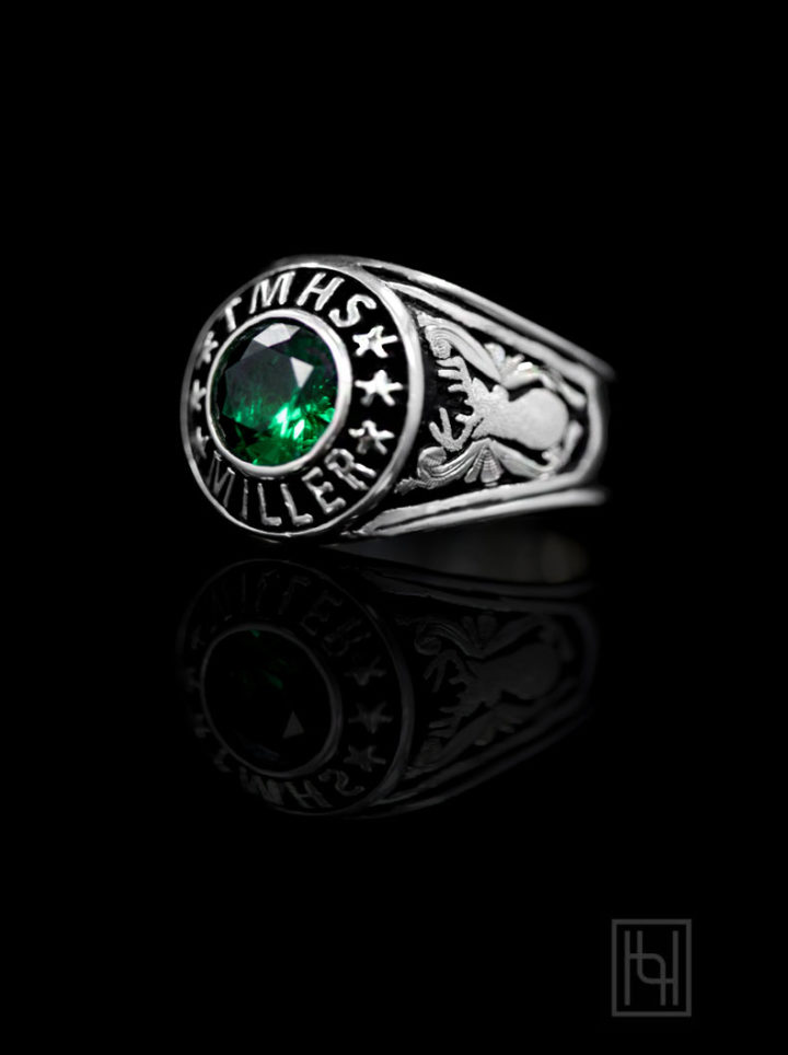 Ring w/ Silver Scrolls on Black Background, Silver Lettering, Silver Stars, Silver Deer Figure, Emerald Green Stone