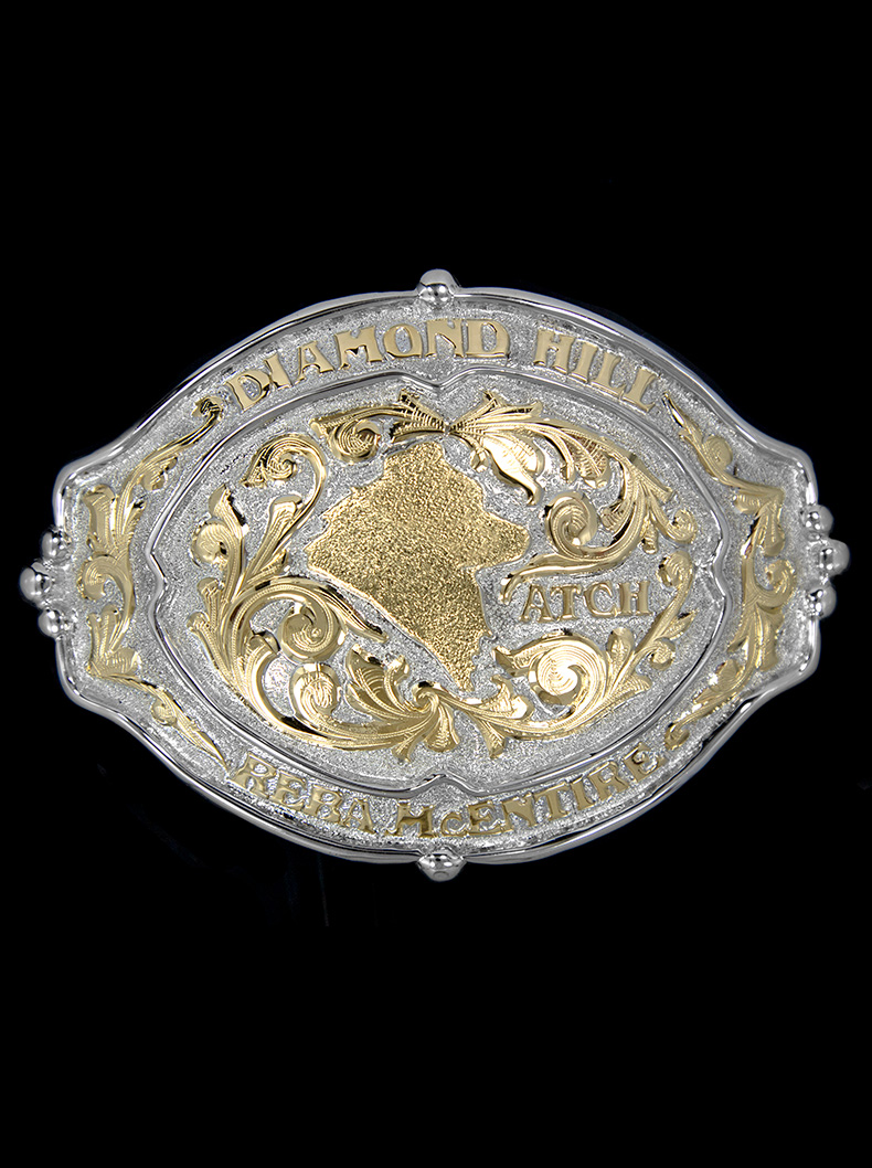 Sheila Belt Buckle Yellow Gold Scrolls with Silver Background