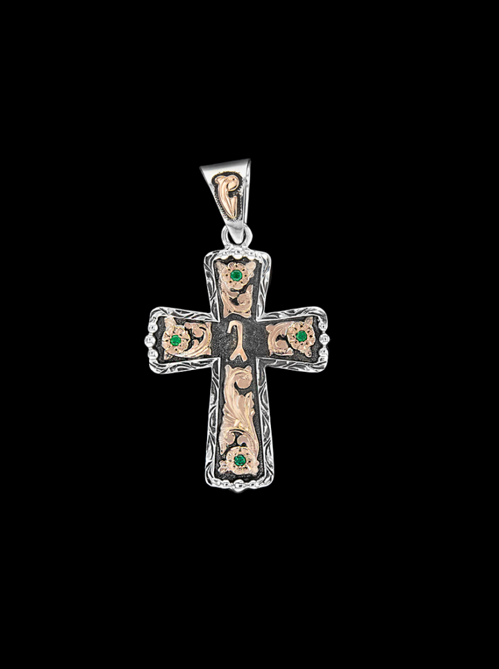 BSRP011 Custom Alpha Cross on Vintage Background with Rose Gold Scrolls Green Stones Product Image