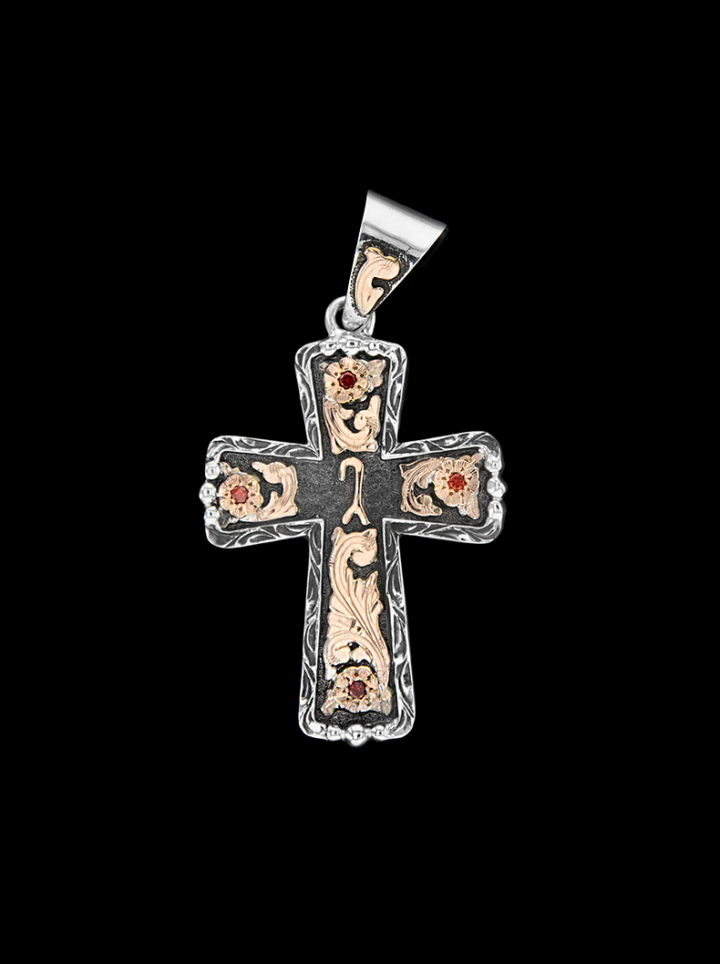 BSRP011 Custom Alpha Cross on Vintage Background with Rose Gold Scrolls Red Stones Produce Image