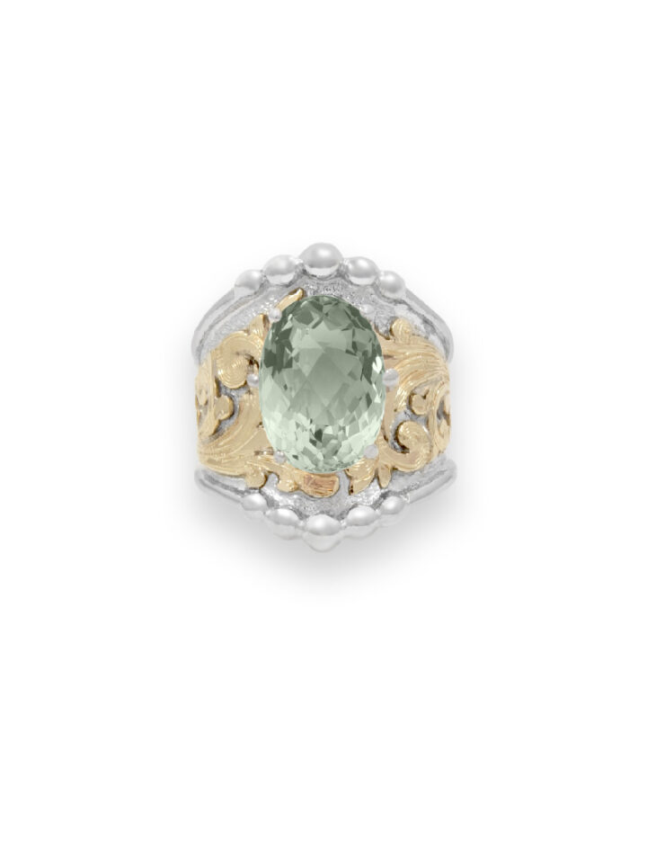 Yellow Gold Scrolls with Silver Background, Beaded Edge, Green Quartz Stone