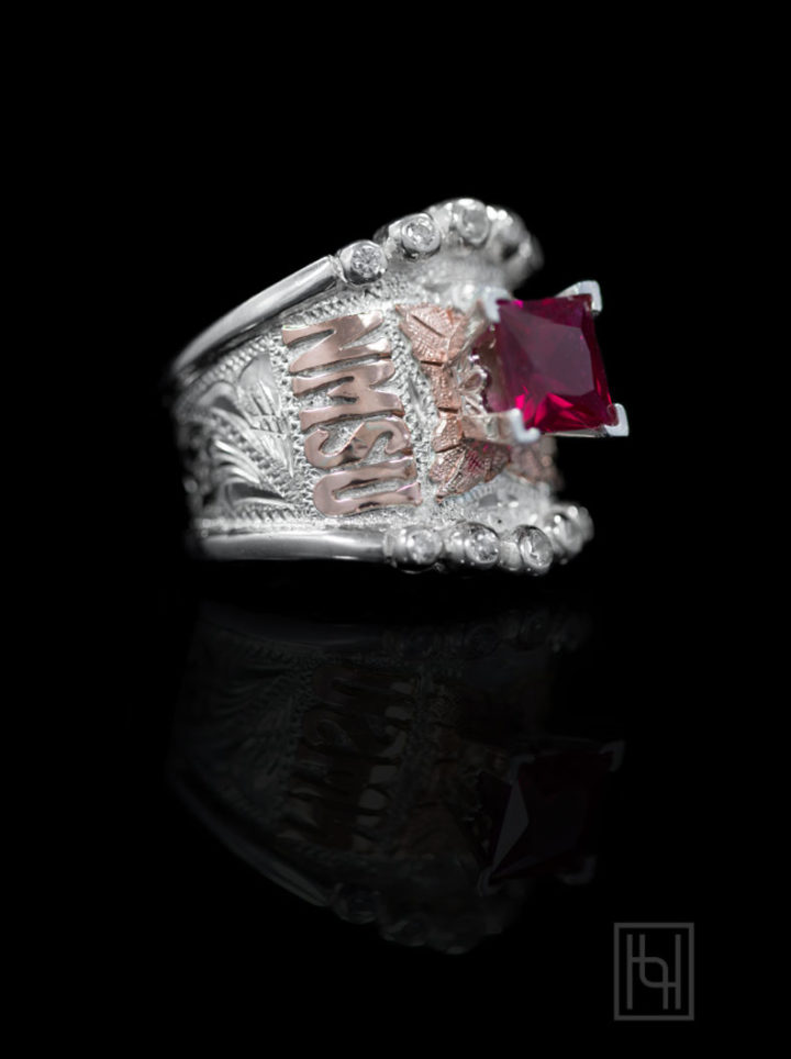 Ring w/ Bright Silver Engraved Scrolls, Rose Gold Lettering, Rose Gold Leaf, Ruby Red Square Solitaire Stone, Crystal Clear Accents