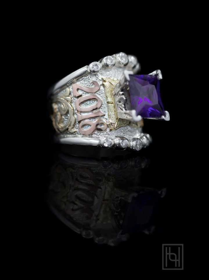 Ring w/ Yellow Gold Scrolls on Silver Background, Rose Gold Lettering, Yellow Gold Leaf, Purple Amethyst Solitaire Stone, Crystal Clear Accents