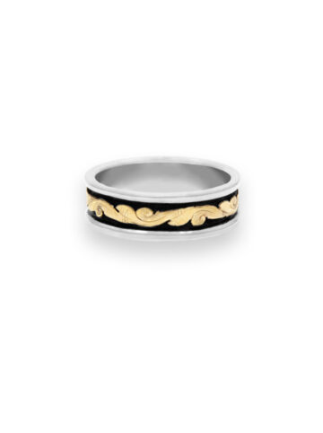 Yellow Gold Scrolls with Black Background Narrow Ring