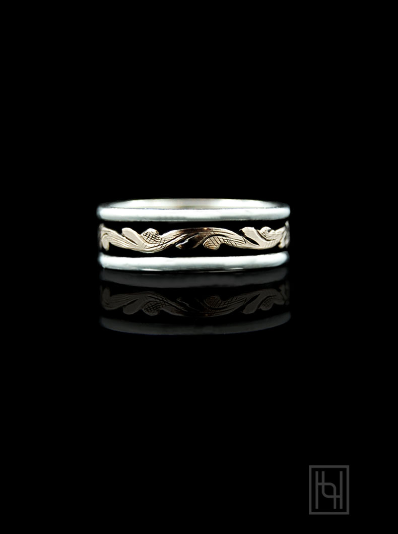 Gold Scroll & Antiqued Narrow Banded Ring