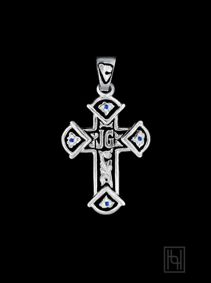 Silver Cross Pendant w/ Silver Scrolls on Black Background, Silver Flowers, Silver Lettering, Sapphire Blue Accents
