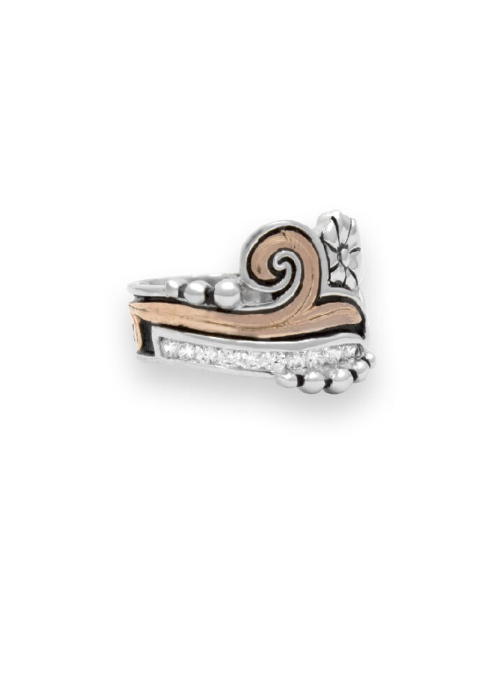 Rose Gold and Silver Ring with Black Background and Crystal Clear CZs
