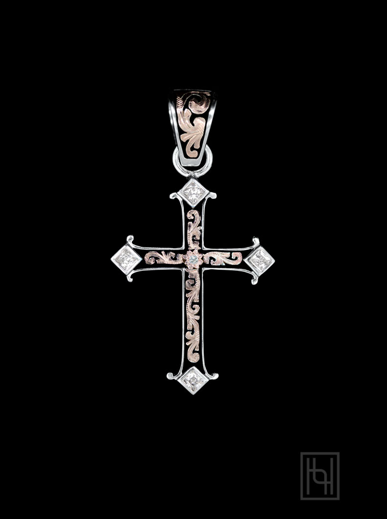 Adorned Cross Pendant w/ Crystal Accents - Hyo Silver