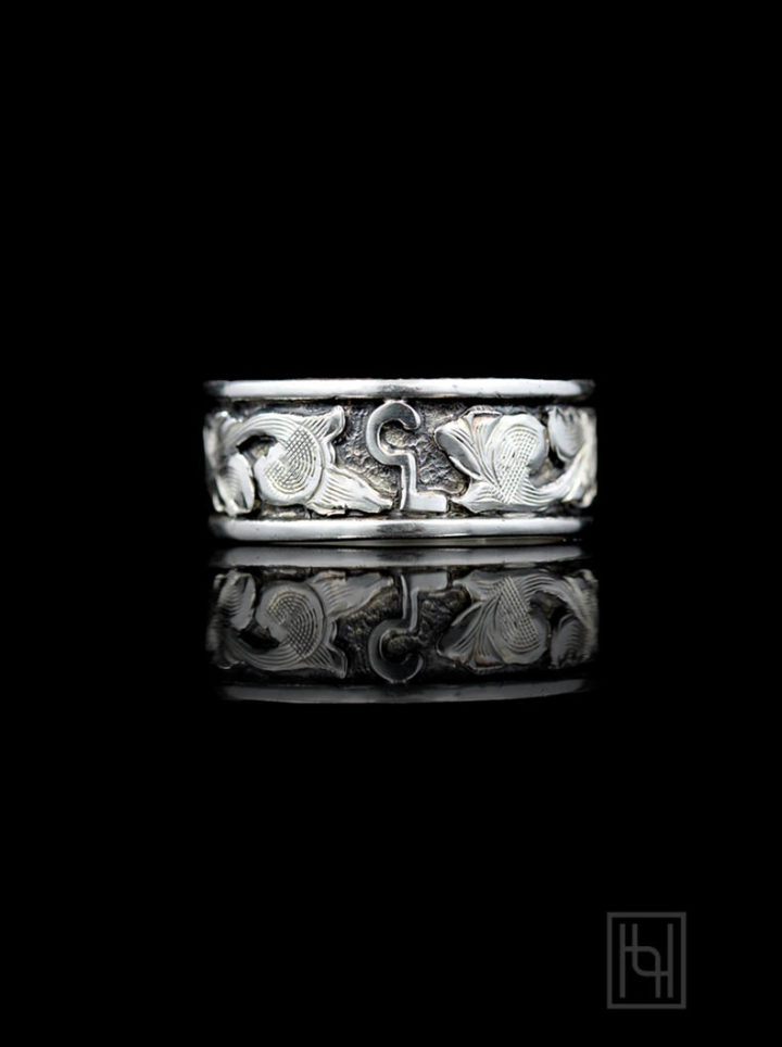 Custom Band w/ Silver Scrolls on Oxidized Background, Silver Lettering/Brand