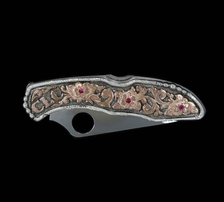 Custom Large Knife with Rose Gold Scrolls on Oxidized Background and Ruby Red CZs