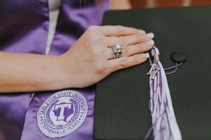Silver Scrolls on Black Background, Silver Lettering, Silver Leaf, Violet Accents, Crystal Clear Solitaire-Tarleton Graduation Lifestyle Photo