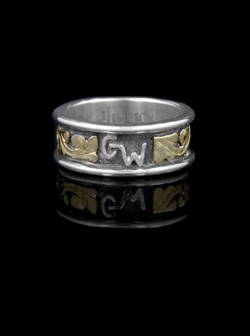 Custom Band with Yellow Gold Scrolls and Oxidized Background Product Image