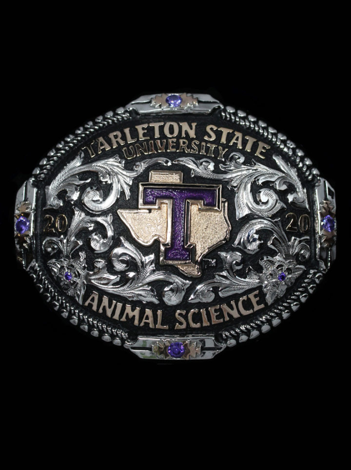 Black Background with Silver Scrolls, Rose Gold Lettering, Rose Gold Tarleton Die Strike with Purple Painted T, Silver Flowers with Violet Stones