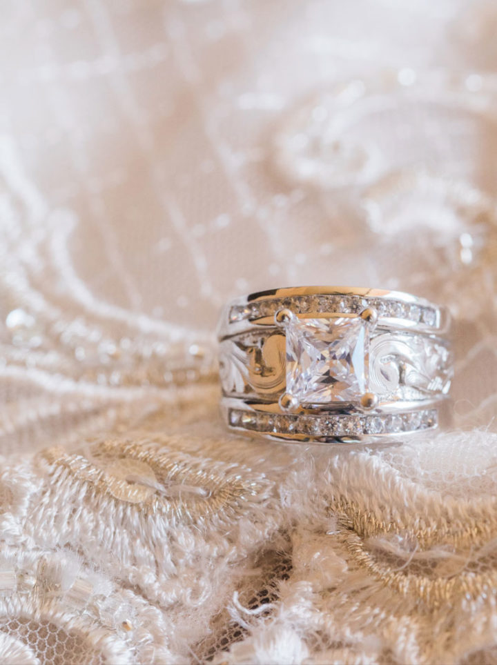 Silver Princess Ring resting on a wedding gown - Texas Hill Country Wedding Styled Shoot