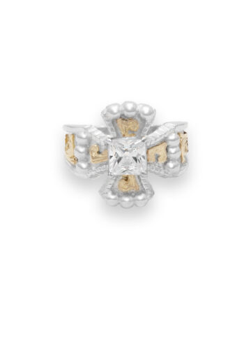 Yellow Gold Scrolls with Silver Background, Crystal Clear CZ Chopper Cross Ring