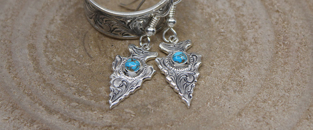 Silver Engraved Scroll Arrowhead Earrings with Blue Turquoise with Copper Matrix Stones and Hooks Featured Photo