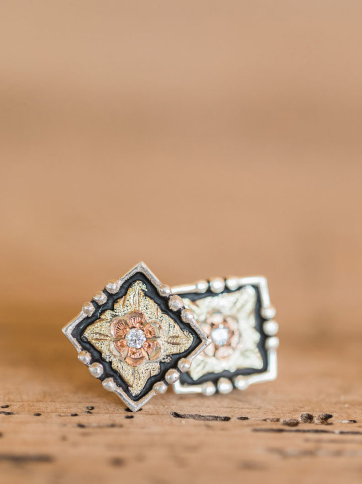 Silver cufflinks with black background, yellow leaf, rose gold flower and crystal clear cz stone