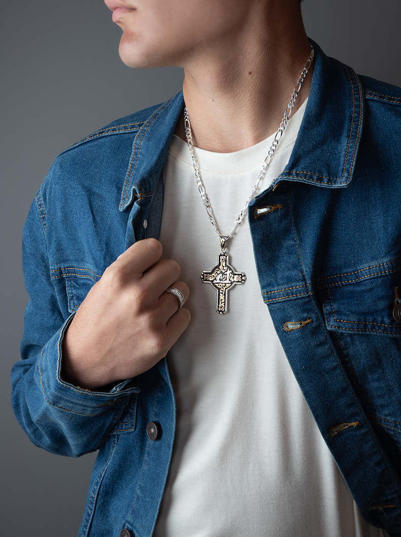Ornate Praying Cowboy Cross Necklace Pendant | Hyo Silver