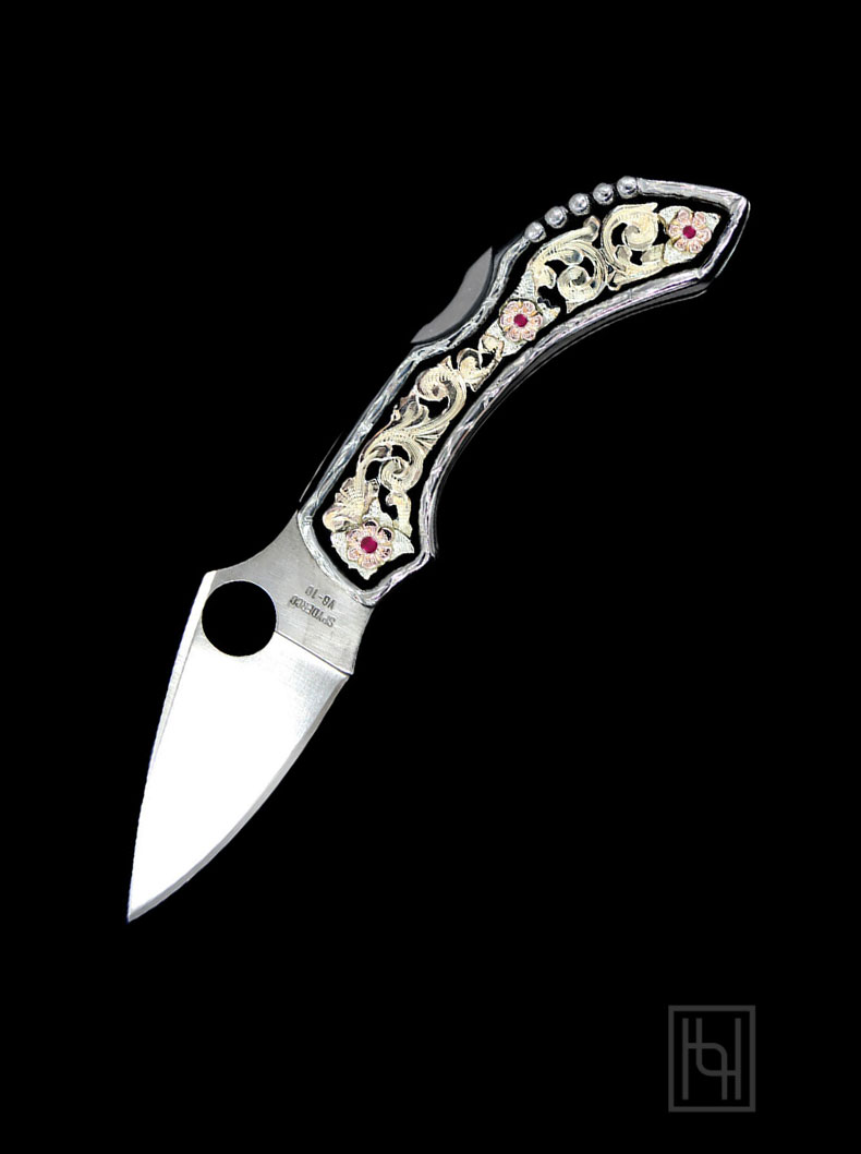 Large Decorated Straight Blade Pocket Knife w/ Gold & Ruby Red Accents