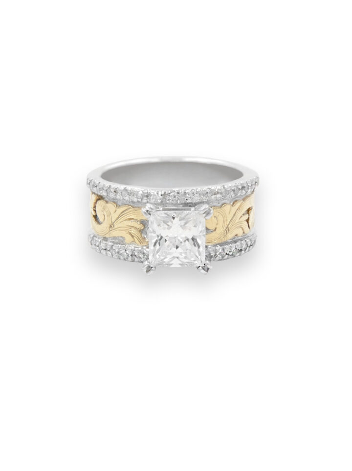 Yellow Gold Scrolls with Silver Background, Crystal Clear CZ