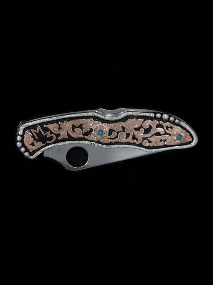 Rose Gold Scrolls on Black Background Knife w/ Turquoise