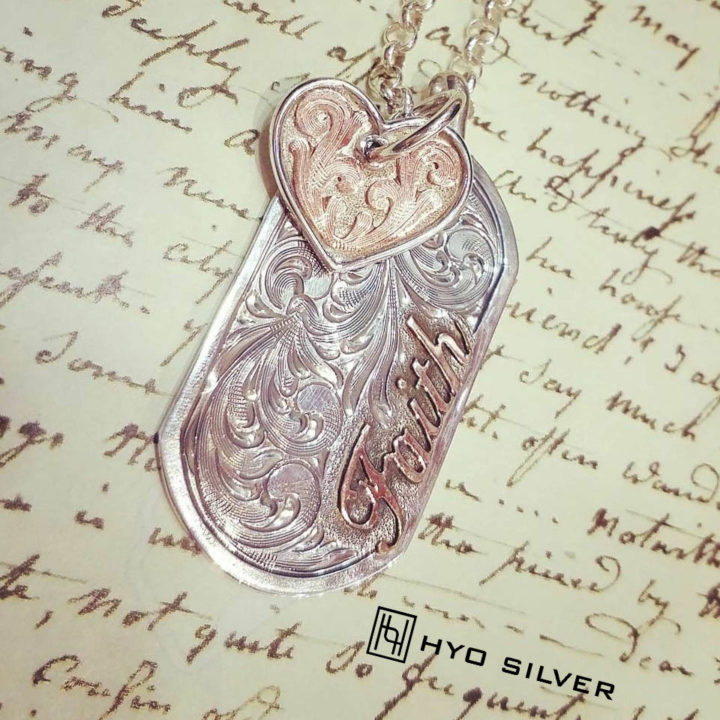 Two Silver Pendants w/ Rose Gold Accents, Engraved Scrolls on Silver Rolo Chain