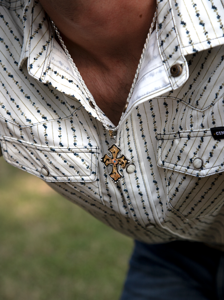 Three Budded Cross Pendant Close Up on model