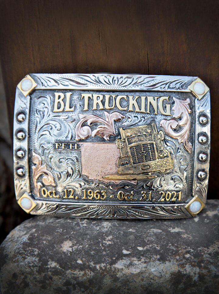 Custom Broadway Square Buckle, Vintage Engraved Background, Yellow Gold Lettering