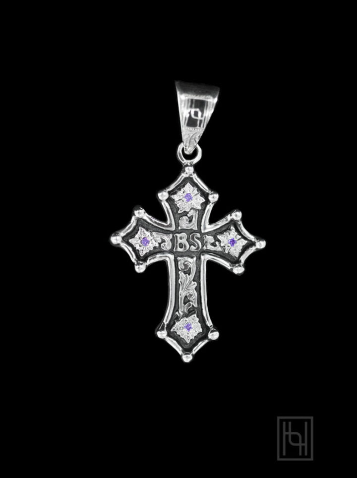 Custom Cross Pendant w/ Silver Scrolls, Silver Lettering, Silver Flowers on Black Background w/ Purple Amethyst Stones