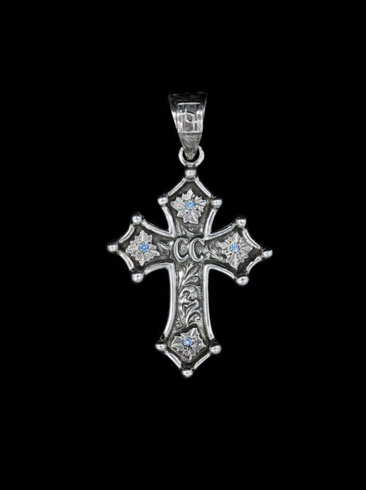 Custom Cross w/ Vintage Engraved Scrolls, Silver Lettering, Aquamarine Accents, Some Beads in Edge/Points