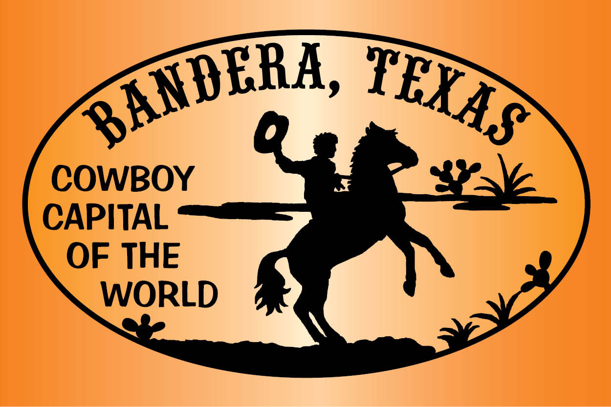 Black Bandera Texas Cowboy Capital of the World Logo on Orange/Yellow Background