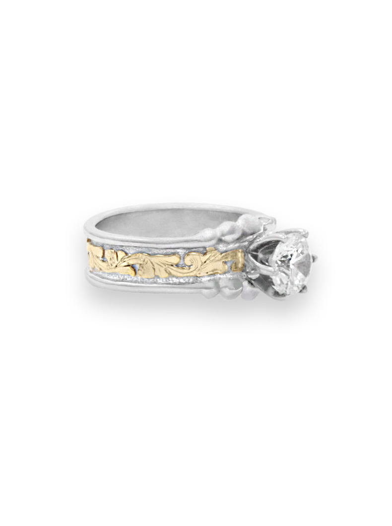 Beaded Gold Scroll Solitaire Ring - Western Rings by Hyo Silver