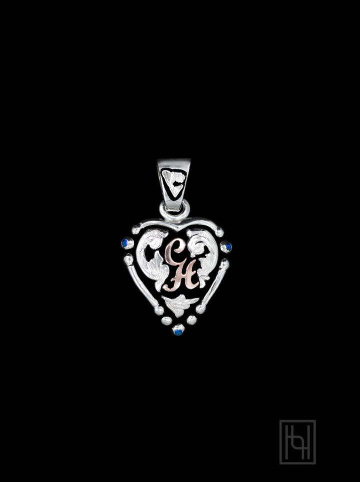 Silver Heart w/ Silver Scrolls & Rose Gold Lettering on Black Background w/ Sapphire Blue Accents