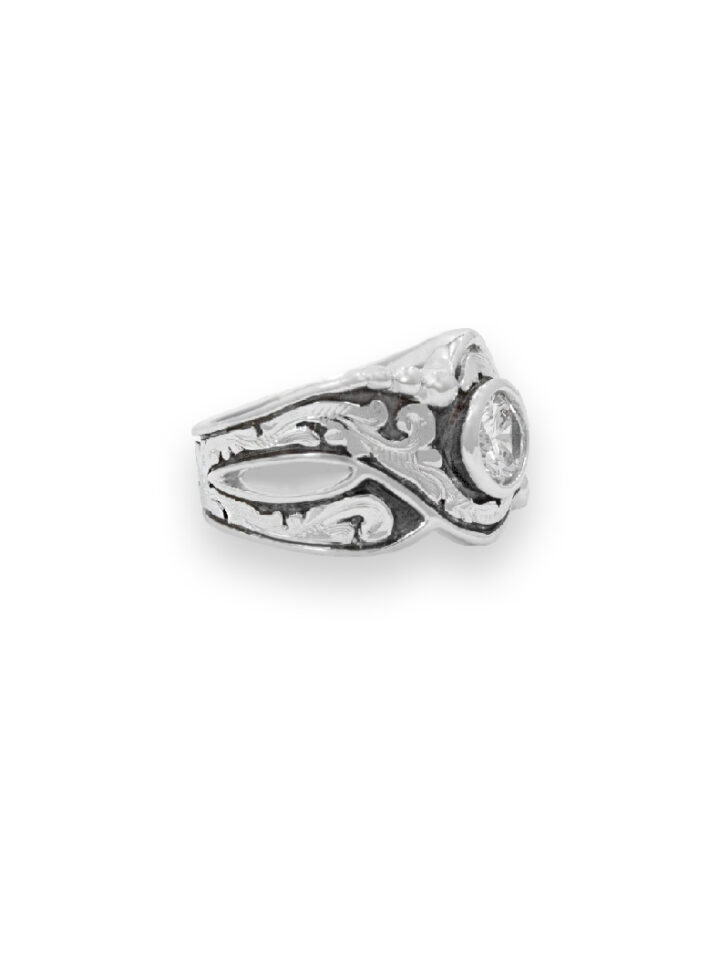 Bezel & Bead Silver Solitaire Ring Silver Scrolls Side Product Image