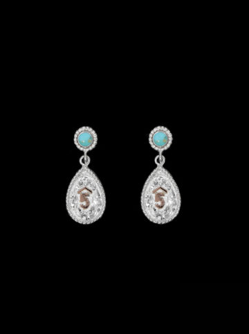 Teardrop Shaped Silver Earrings with Turquoise and custom rose gold brand